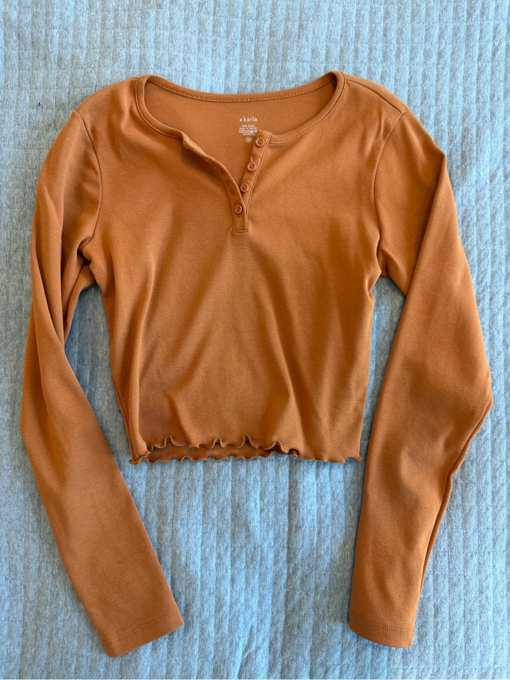 Hanes x Karla Rust Ribbed Long-Sleeve Henley Crop Top